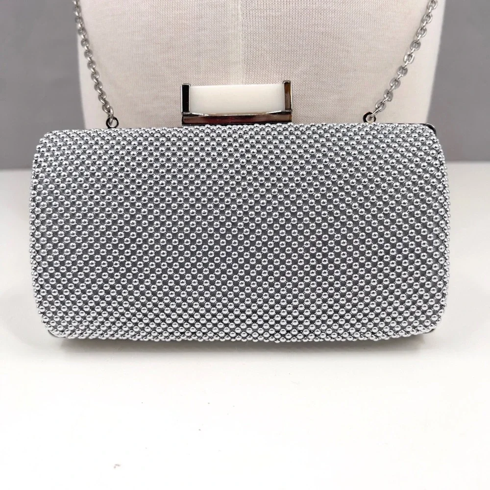 Jessica McClintock Clutch Bag Silver Ball Chain Mail Minaudière Evening Formal